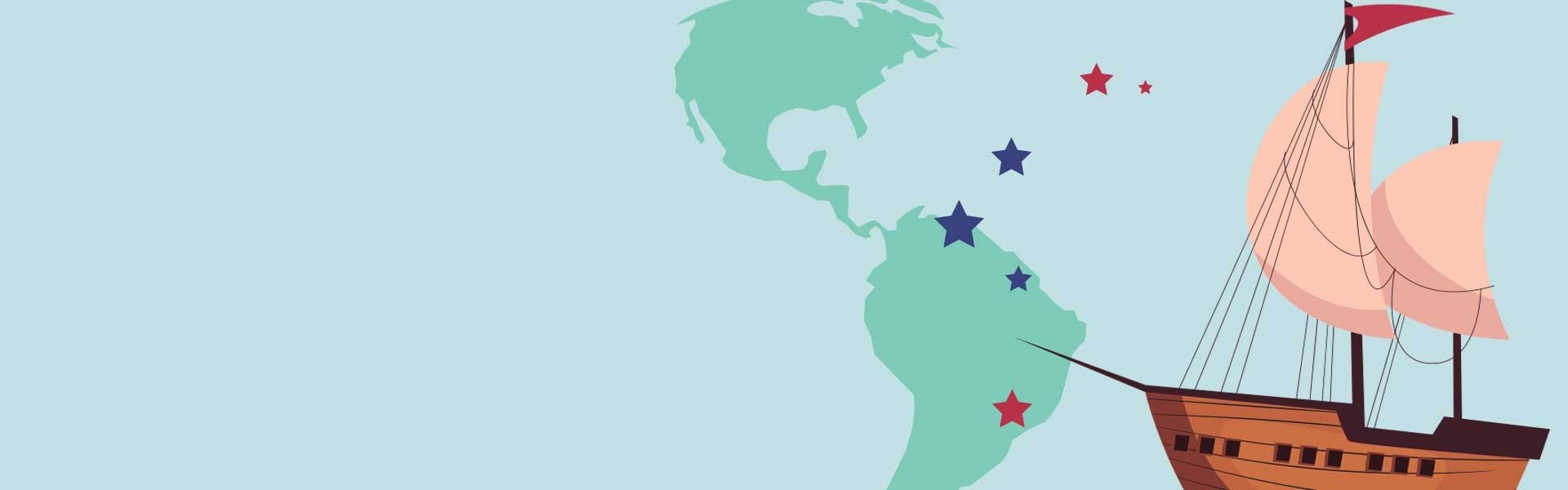 Boat next to map of South and North America